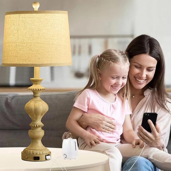 27.5" Farmhouse Table Lamps Set of 2 Bedside Nightstand Lamp with USB C+A Ports & AC Outlet, 3 Way Dimmable Touch Lamps for Bedroom Living Room Office Rustic Lamp (Gray) - Bloomnest