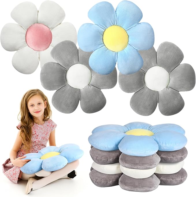 Reginary 4 Pcs Flower Floor Pillows Cute Plush Flower Throw Pillows Daisy Floor Seat Cushion Chair Pads for Christmas First Day of School for Sofa Couch Bed Decor(15 Inch,Gray, Blue, White) - Bloomnest