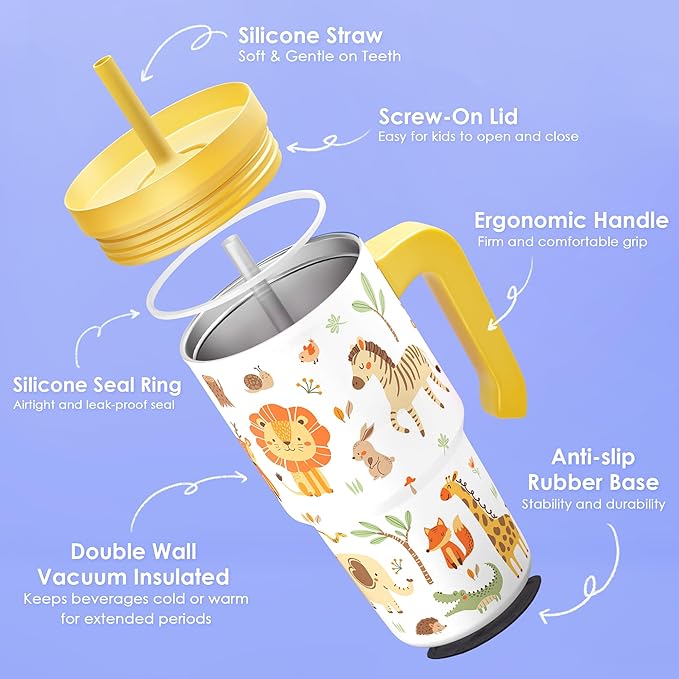 Jungle Animal Tumbler 20oz with Handle and Silicone Straw Lid for Kid, Insulated Stainless Steel Cup, Gift for Kids Boys, Gifts Idea for Birthday Christmas Back to School - Bloomnest