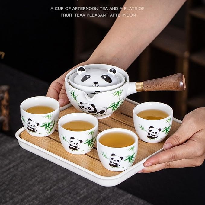 Ceramic Portable Travel Tea Set, Chinese Kungfu Tea Set with 360 Rotation Teapot and Infuser, 4 Tea Cups, Tea Tray And Travel Bag (Panda)