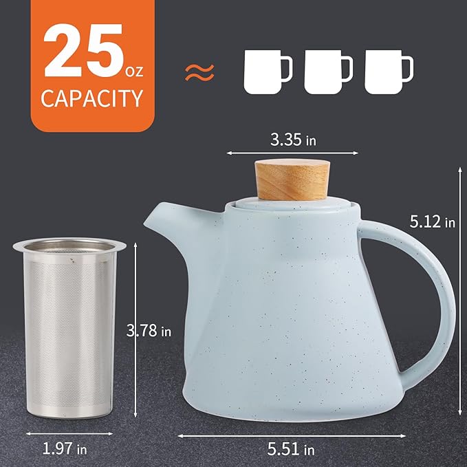 TETWIN Ceramic Teapot with Infuser, 25oz Blue Tea Pot with 8 Loose Leaf Tea Samplers Gift Set – Small Teapot for Full Leave Tea, Elegant Nordic Design, Dishwasher Safe