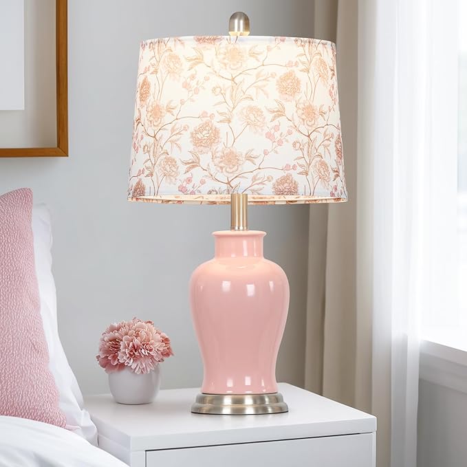 Pink Ceramic Table Lamp with Flower Lampshade, 23" Cute Bedroom Lamp with Ginger Jar Design, Modern Living Room Lamps Set 2, Elegant Bedside Lamps for Nightstand End Table Home Decor - Bloomnest
