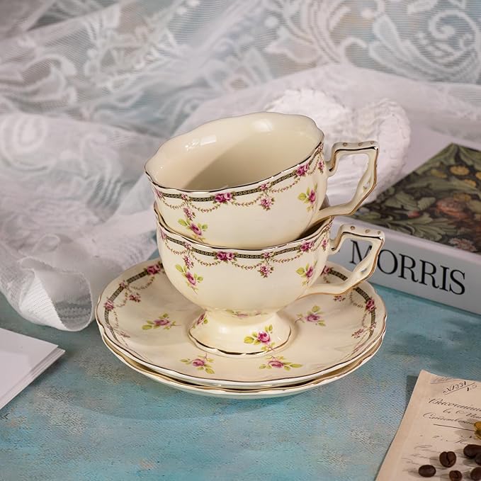 KAMMAK Tea Cups and Saucers Set of 2, Porcelain, 7.8-Ounce | Stackable Espresso Mugs | Imperial Court Collection | Ceramic Demitasse | For Coffee, Latte, Americano, Tea - Bloomnest