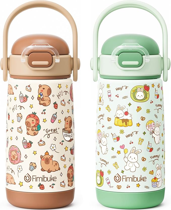 Fimibuke Kids Insulated Water Bottle with Straw Lid & Handle - 14oz BPA FREE 18/8 Stainless Steel Metal Tumbler Leak Proof Double Wall Vacuum Kids Cup Toddler Water Bottle for School Boys Girls - Bloomnest