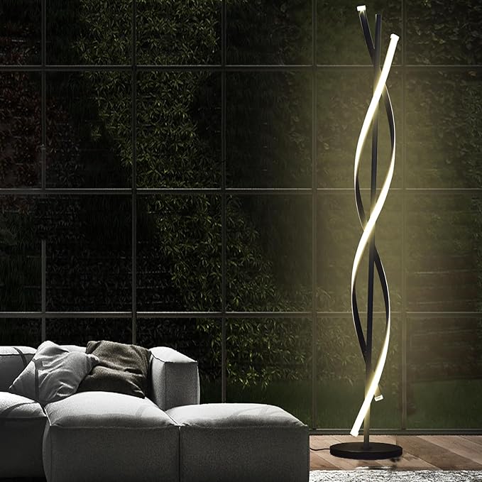61" LED Floor Lamp for Living Room, 40W 3 Colors Stepless Dimmable and Color-Changing Bright Floor Standing Lamp,Unique Spiral Floor Tall Lamp for Bedroom Office with Remote (Black) - Bloomnest