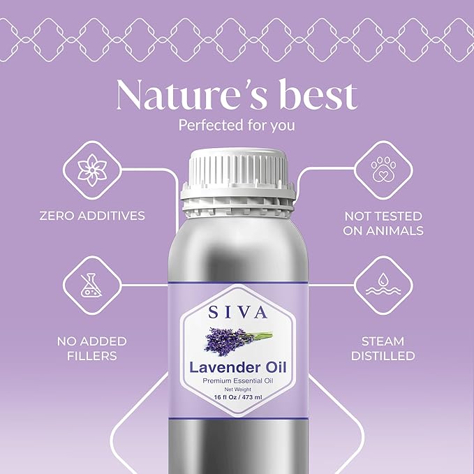 Siva Lavender Essential Oil – 16 Fl Oz – 100% Natural Lavender Oil - for Diffuser, Hair Care, Face, Skin Care, Aromatherapy, Scalp and Body Massage, Soap and Candle Making SIVAOrganics