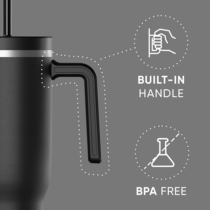 Hydrapeak Voyager 40 Oz Stainless Steel Tumbler with Handle, Insulated Water Bottle With Straw & Lid, Cupholder Friendly Reusable Travel Mug (Black) - Bloomnest
