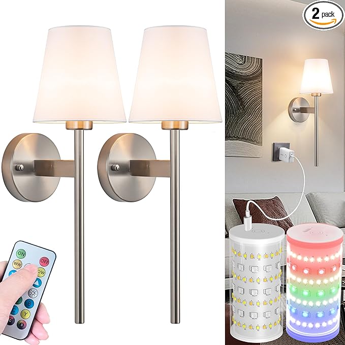 Battery Operated Wall Sconces Set Of 2, Wireless Battery Wall Light With 10000mAh RGB Rechargeable Magnetic Bulb, Rechargeable Wall Sconce With Remote Control For Bedroom, No Electrician Required - Bloomnest
