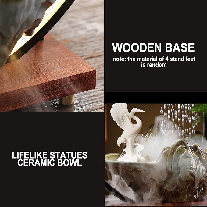 Crane Tabletop Fountain Indoor Waterfall Fountain Office Tabletop Water Fountain with Lights Backflow Incense Burner Ceramic Indoor Zen Decor for Home Office Yoga Meditation (Crane) - Bloomnest