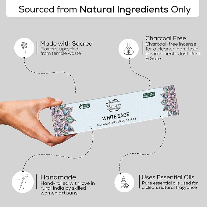 Raajsee White Sage Incense Sticks (180 gm), 100% Pure Organic Natural Hand Rolled Free from Chemicals - Perfect for Aromatherapy, Cleansing, Meditation, and Church (Pack of 12) - Bloomnest
