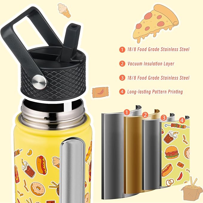 BJPKPK Insulated Water Bottle with Straw Lid, 18 oz Stainless Steel Metal Water Bottles, Reusable Leak Proof BPA Free Water Bottles, Cups, Thermo, Yummy - Bloomnest