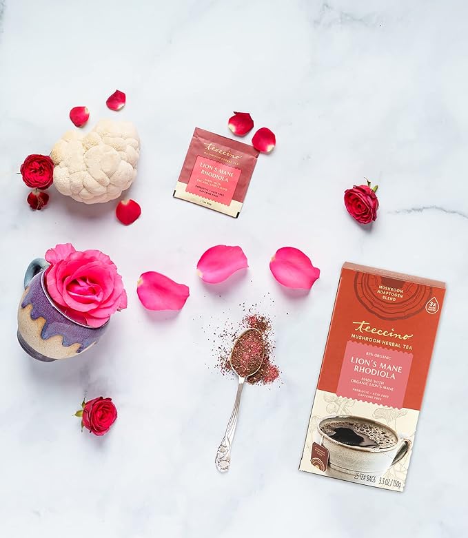 Teeccino Lion’s Mane Rhodiola Rose Mushroom Adaptogen Herbal Tea - Caffeine-Free, 3x More Herbs than Regular Tea Bags, Lightly Sweet from Dates & Figs, Prebiotic - 25 Tea Bags - Bloomnest