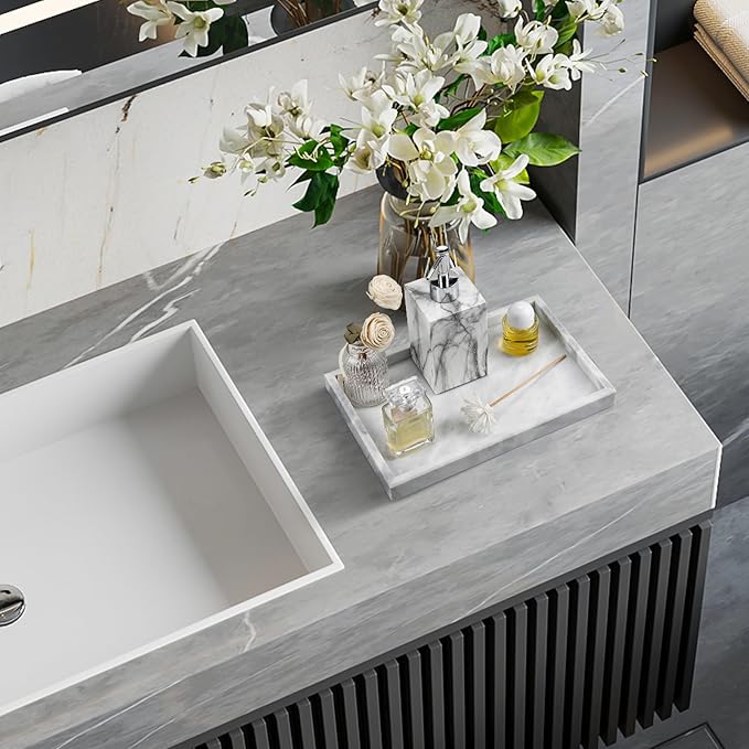 Real Natural Marble Tray for Bathroom, Vanity, Kitchen and Desktop, Rectangle Genuine Marble Stone Tray for Jewelry, Cosmetics, Candles, Lotion, Perfume and Home Decor - Bloomnest
