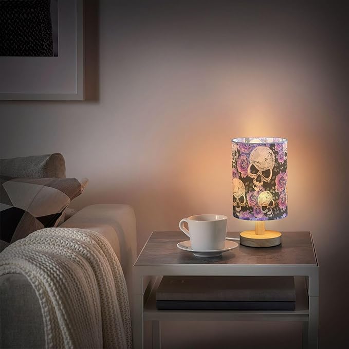 Gothic Pattern Table Lamp with Wood Base and Fabric Shade - Purple, Blue Rose Flower Design for Nightstand, Bedside, Desk, Living Room, Bedroom, Kids Room, Office - Bloomnest