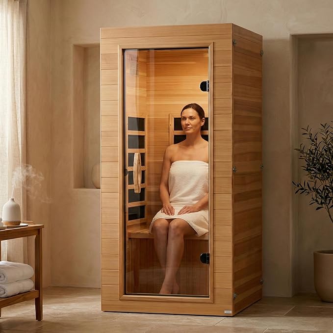 DYNAMIC SAUNAS Elite 1 Person Compact Ultra Low EMF FAR Infrared Sauna with Red Light Therapy & Bluetooth Speakers - Personal Indoor for Home & Gym DynamicSaunas