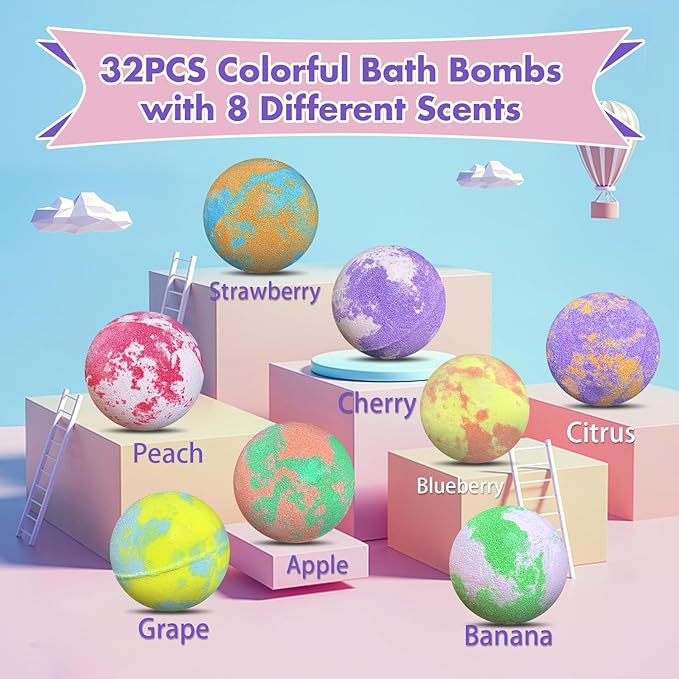 Bath Bombs for Kids with Surprise Inside, 32 Pack Bath Bombs with Land & Sea Animal Toys, Handmade Fizzy Bubble Children Bath Ball Gift Set for Kids Birthday, Christmas, Mothers Day Gifts for Daughter - Bloomnest