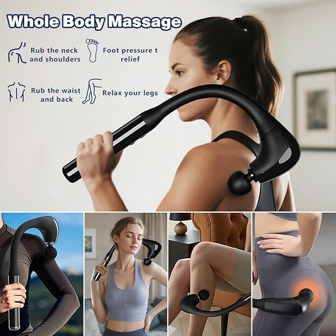 Deep Tissue Massage Gun with Extension Handle - 10mm Percussion Massager for Neck, Back & Shoulder Pain Relief, Handheld Portable Muscle Massager Gun for Athletes, 5 Speed & 4 Attachments - Bloomnest