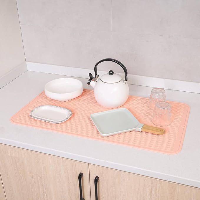 Silicone Dish Drying Mat for Multiple Usage,Easy clean,Eco-friendly,Heat-resistant Silicone Mat for Kitchen Counter or Sink,Refrigerator or Drawer Liner Pink 4XL 32 inches x 18 inches - Bloomnest