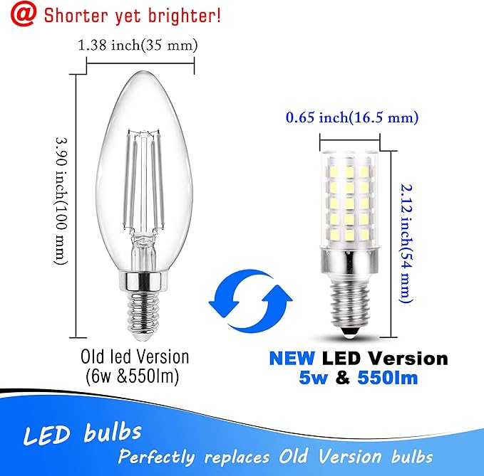 E12 Candelabra LED Light Bulbs 60 Watt Equivalent 6W 6000K Daylight White 550lm E12 C7 T6 Small Base for 120 Volt Chandelier Pendant Ceiling Fan Lighting Table Salt Lamp, Non-dimmable, 4 Pack - Bloomnest