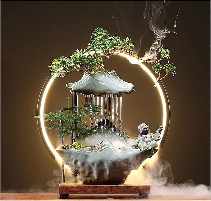 Tabletop Buddha Water Fountains Indoor Water Fall with LED Light Zen Decor for Meditation with Mist Japanese Decor with Fake Plants Feng Shui Decor for Good Luck Wealth - Bloomnest