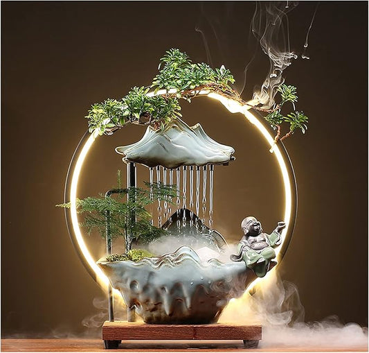Tabletop Buddha Water Fountains Indoor Water Fall with LED Light Zen Decor for Meditation with Mist Japanese Decor with Fake Plants Feng Shui Decor for Good Luck Wealth - Bloomnest