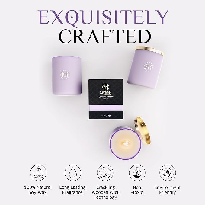 MyrrhUSA Lavender Blossom Scented Candle – 15oz Natural Soy Wax with Crackling Wooden Wick & Essential Oil, 80 Hour Burn | Luxury Aromatherapy Candle for Relaxation, Home Décor, Living Room & Bathroom - Bloomnest