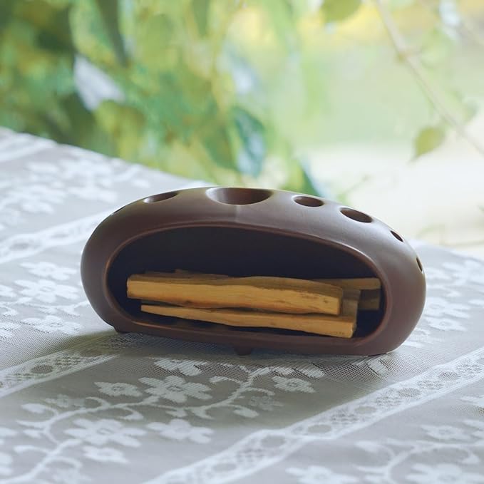 3 in 1 Palo Santo Holder for Sage Bundles Cone Incense, Handcrafted Ceramic Incense Burner Holder Ash Catcher with Chimney, Smudge Bowl for Yoga Meditation Home Decor (Multi - Porous Red) GRAMSTORMAX
