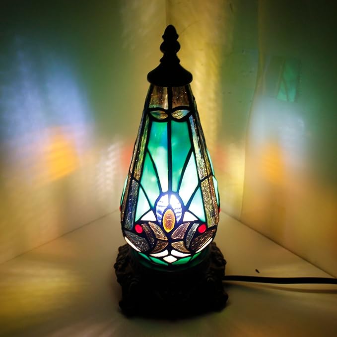 Small Tiffany Lamp Stained Glass Table Lamp 5.5X11 Inch Christmas Tree Lighthouse Mini Accent Memory Sympathy Antique Night Light for Bedroom Living Room (Green Liaison)