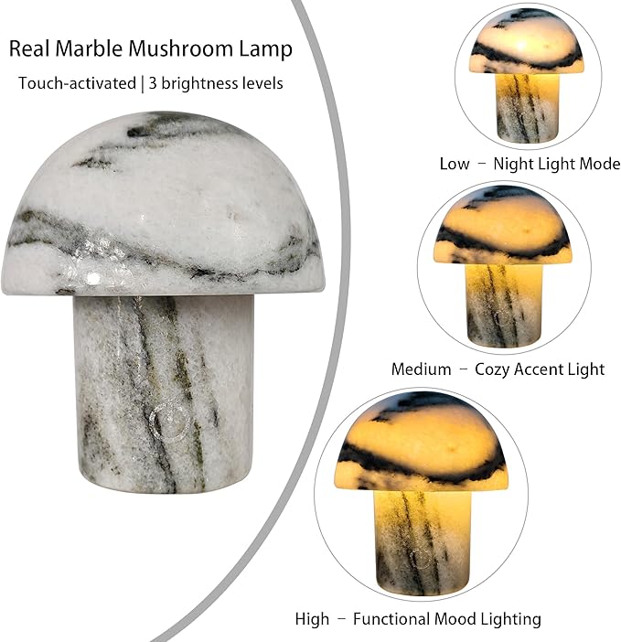 Handcrafted Natural Stone Mushroom Lamp - Rechargeable Bedside LED Night Light with Type-C Port, Unique Marble Table Lamp for Modern Interiors - Bloomnest