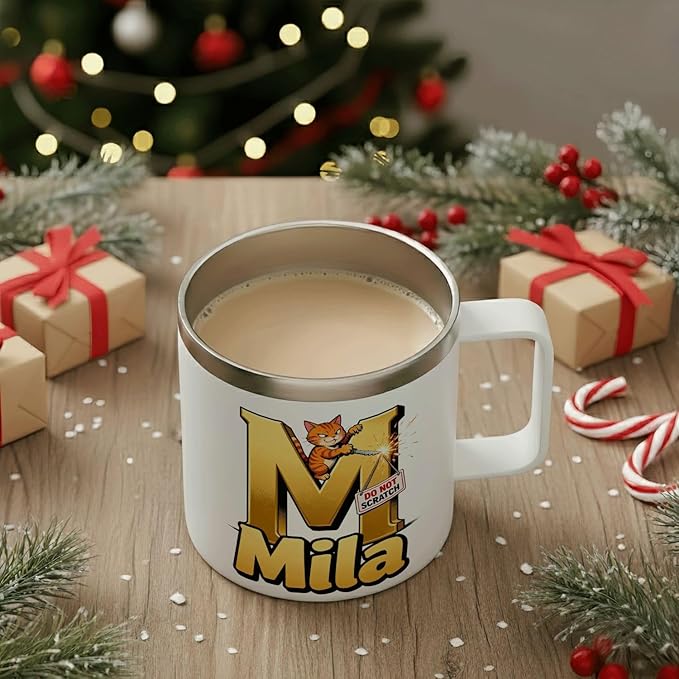 JugJug Personalized Funny Cat Mug with Initial & Name - Naughty 12oz Insulated Coffee Cup w/Lid - Sarcastic Gifts for Cat Lovers, Girls, Women (B172) - Bloomnest