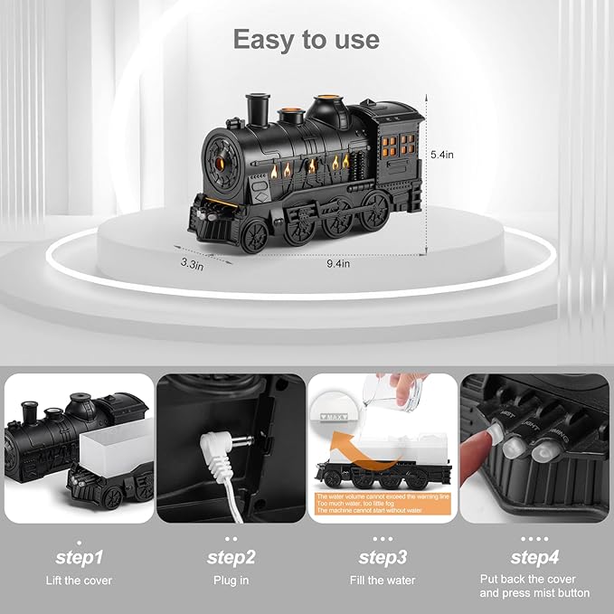 Train Diffuser 300ml, Aromatherapy Diffuser Cool Mist Ultrasonic Aroma Train Diffuser with Remote Control 2 Light 2 Mist Mode Auto Shut-Off for Bedroom Office Hotel(Black) - Bloomnest