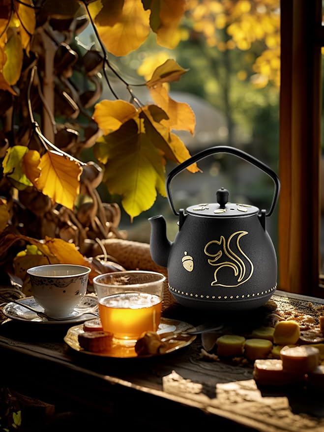 Toptier Teapot with Removable Infuser, Cast Iron Tea Kettle Stovetop Safe, Squirrel Design Tea Pot Coated with Enameled Interior for 32 Ounce (950 ml), Black - Bloomnest