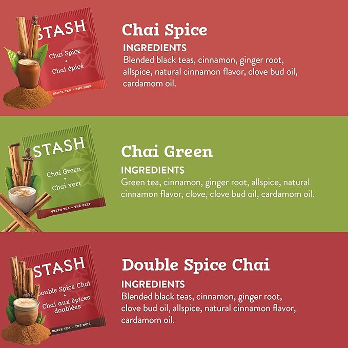 Stash Tea Chai Tea Variety Pack Sampler Assortment - Caffeinated, Non-GMO Project Verified Premium Tea with No Artificial Ingredients, 18-20 Count (Pack of 6) - Bloomnest