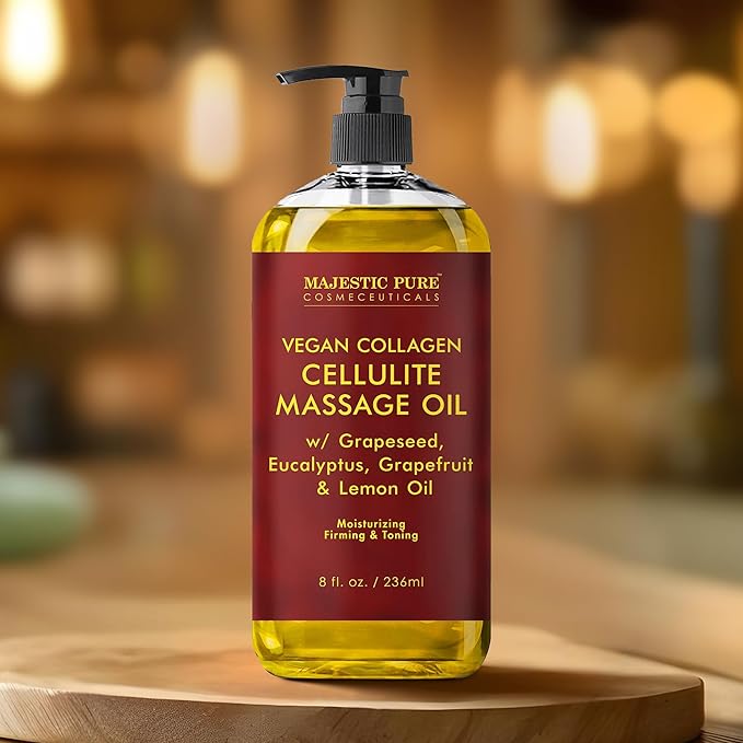 Majestic Pure Anti Cellulite Massage Oil for Massage Therapy - Refreshing, and Relaxing - Natural Oils with Vegan Collagen, Stem Cells & Cellulite Cream - All Skin Types - Men and Women - 8 fl oz - Bloomnest
