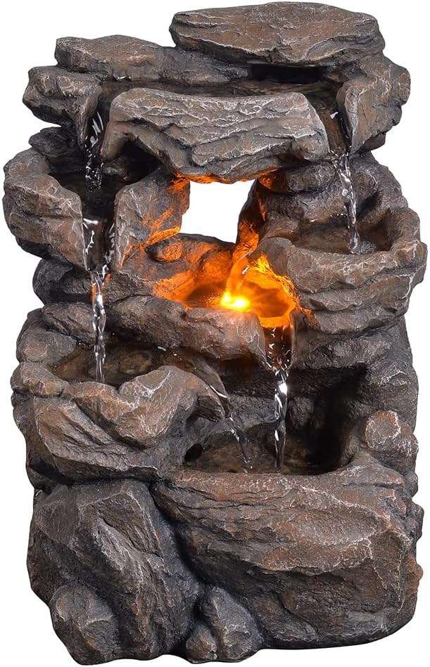 Cascading Indoor Tabletop Water Fountains with LED Light - Rockery Waterfall Fountain - Quiet and Relaxing Water Sound - Small 9.7 Inch Desktop Size - Home/Office Decor - Bloomnest