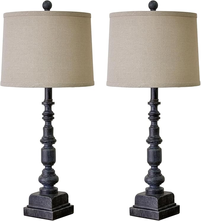 Oneach 27.75” Vintage Farmhouse USB A+C Table Lamps Set of 2 for Living Room Bedroom Traditional Bedside Nightstand Lamp Retro Resin Lamps Linen Shade Nightstand Home Office Antique Black Accent - Bloomnest