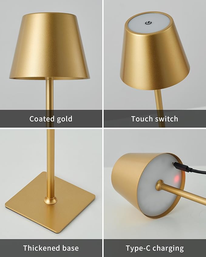 KDG 2 Pack Cordless Table Lamp, Portable LED Desk Lamps, 5000mAh Battery Operated, 3 Color Stepless Dimming Up, for Restaurant, Bedroom, Outdoor Camping, Coffee Shop, Night Light, Rechargeable (Gold) - Bloomnest