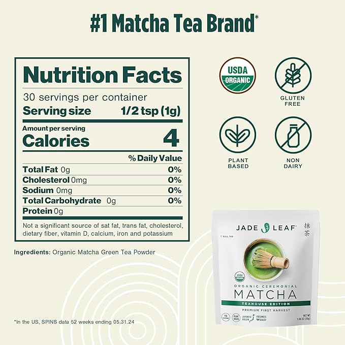Jade Leaf Matcha Organic Premium Ceremonial Grade Matcha Green Tea Powder - Japanese - Culinary, Ingredient, Ceremonial Barista Teahouse, Latte, Collagen, 1.06 Ounce (Pack of 1), Ceremonial Teahouse - Bloomnest