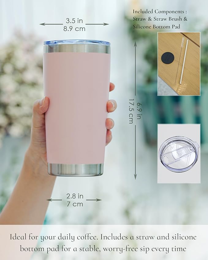 Travel Coffee Tumbler 20oz, 4 Pack Leakproof Travel Coffee Mug with Lid and Straw, Stainless Steel Double Wall Vacuum Insulated Tumbler for Hot/Iced Drinks (Textured Matte, Soft Pink) - Bloomnest