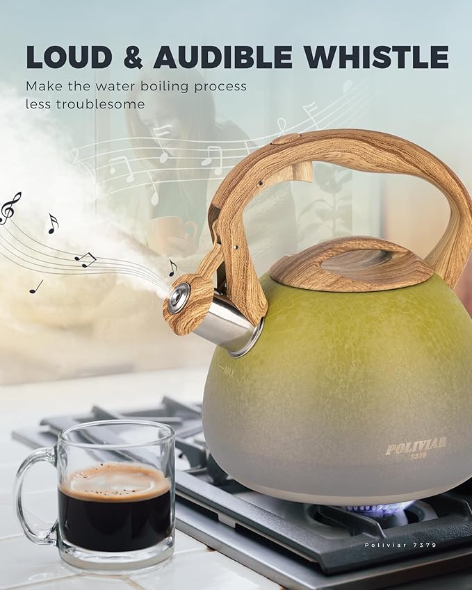 POLIVIAR Tea Kettle, 2.7 Quart Stovetop Tea Kettle, Audible Whistling Teapot with Crackle Finish, Food Grade Stainless Steel for Anti-Rust, Anti Hot Handle, Suitable for All Heat Sources (JX2023-LYG) - Bloomnest