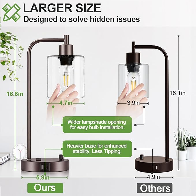 Lynnoland Set of 2 Oil Rubbed Bronze Table Lamps with USB C+A Ports and Outlet, Fully Stepless Dimmable Bedside Lamps, Industrial Desk Lamps with Clear Glass Shade for Living Room (2 LED Bulb) - Bloomnest
