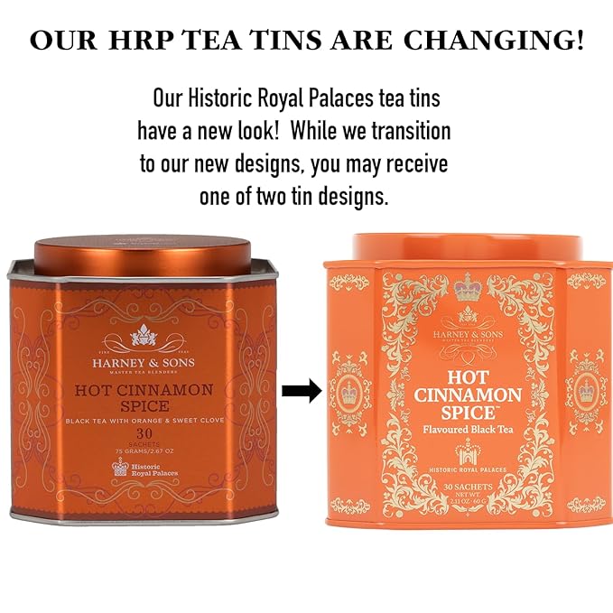Harney & Sons Hot Cinnamon Spice Tea Tin - Black Tea with Orange & Sweet Clove - 2.67 Ounces, 30 Sachets - Bloomnest