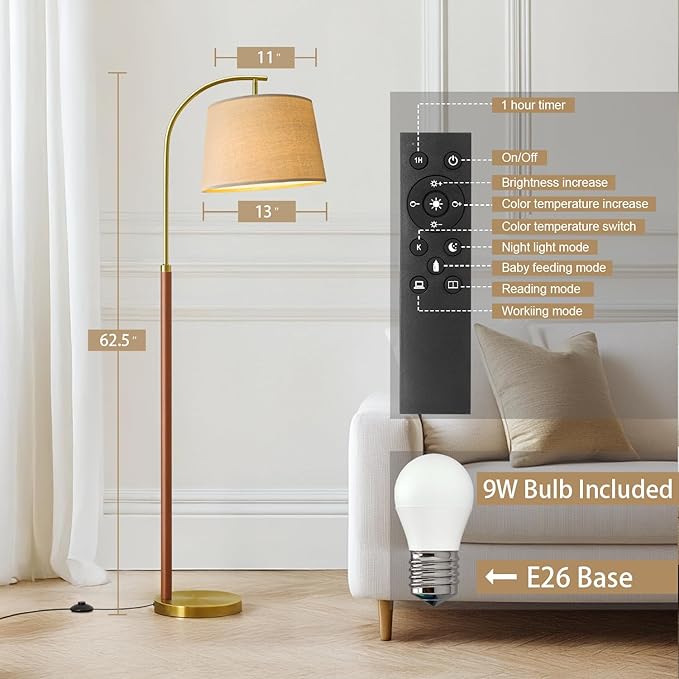 62.5" Gold Floor Lamp for Living Room Dimmable Standing Lamp with Remote & Foot Switch, 3 Color Temperatures Arc Tall Lamp Wood Mid Century Modern Floor Lamps for Bedroom Office, 9W Bulb Included - Bloomnest