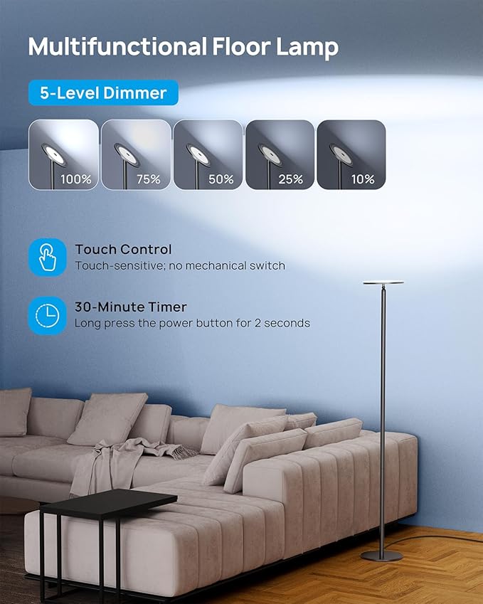 TROND Floor Lamp, Bright Sky LED Modern Torchiere Lamp, 71 in Tall Aluminum Pole Light, 5500K Natural Daylight Standing Light, Touch 5-Level Dimmable, 5000 lm, 30 Mins Timer for Living Room Bedroom - Bloomnest