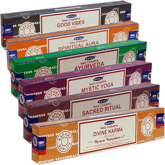 Satya Incense Sticks Variety Pack #5 and Incense Stick Holder Bundle with 6 Yoga and Meditation Themed Fragrances TRUMIRI