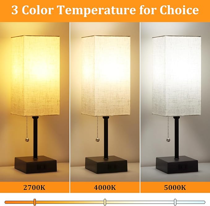 Table Lamp for Bedroom set of 2,3-Color Bedside Lamps with Pull Chain Table Lamps for Nightstand with AC Outlets,Night Light Lamps with 2 Bulbs Lamps for Living Room Kids Office Decor（Black+Cream） - Bloomnest