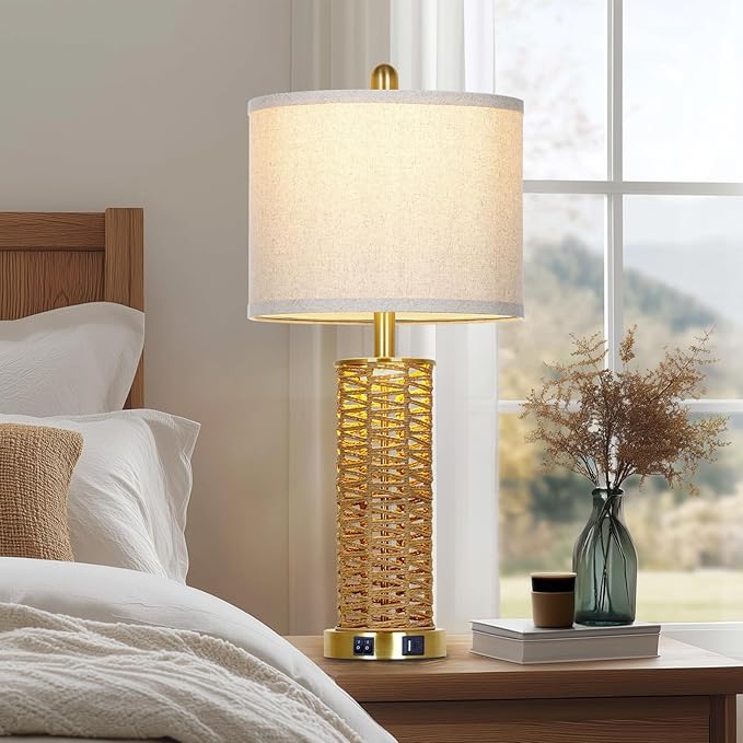 27" Natural Rattan Table Lamps Set of 2, Boho Bedside Lamp for Bedroom with Night Light, Woven Wicker Nightstand Lamps with 2 USB Ports & AC Outlet, Tall Farmhouse Living Room Lamp, Gold - Bloomnest