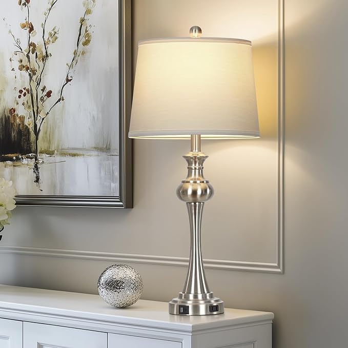 28.75" Silver Table Lamps for Living Room,Touch Lamps for Bedrooms Bedside Lamp 3-Way Dimmable Touch Control, Modern Silver Nightstand Lamp Fabric Shade Mid Century Accent Style（Bulb Inclued） - Bloomnest