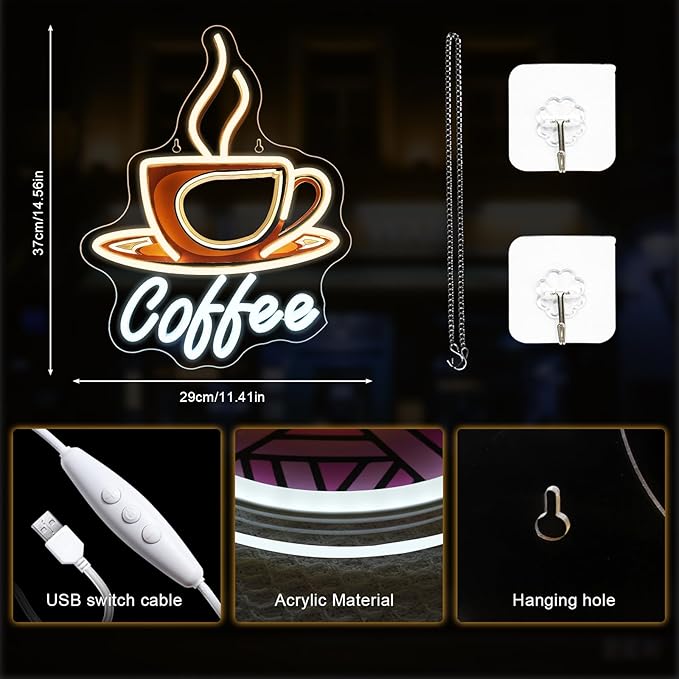 Lucunstar Coffee Neon Sign Dimmale Neon Lights For Wall Decor Led Lights For Coffee Shop Cafe Bar Art Party Decor USB Powered 11.42x14.57in - Bloomnest