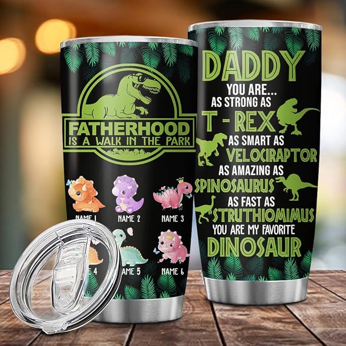 Custom Dinosaur Dad Fathehood Personalized Tumbler Cup Father's Day Gift, Gift For Dad, Father, Papa, Grandpa 20oz Insulated Coffee/Tea Tumbler with Lid - Bloomnest